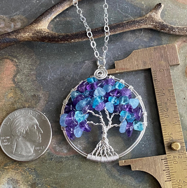 Birthstone Tree of Life necklace with amethyst and aquamarine, Amethyst and Aquamarine Tree of Life, Customizable Tree of Life necklace