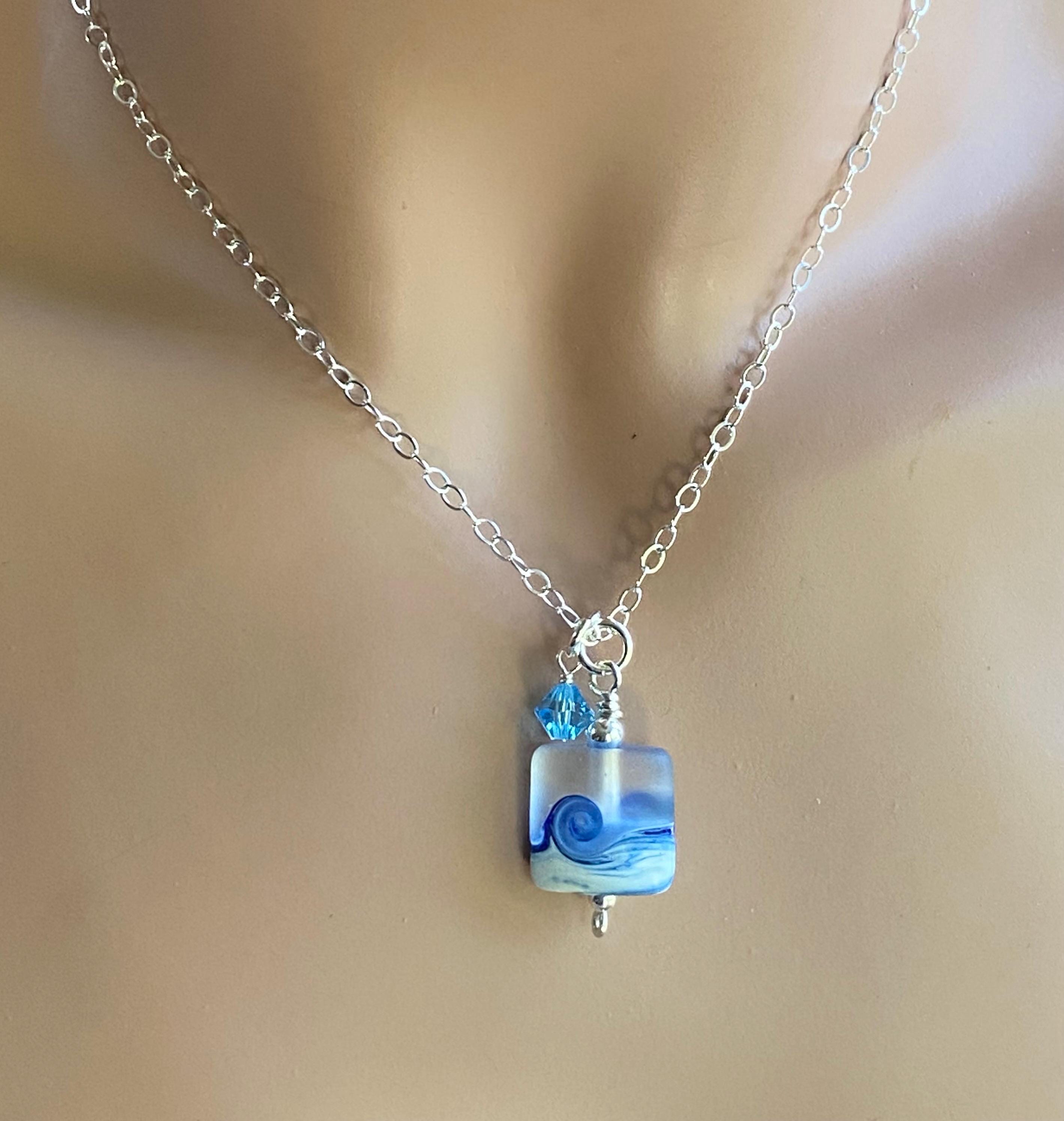 Ocean Beach Wave Necklace, Blue Beach Wave Necklace,Ocean Wave Lampwork Pendant, Beach Wave Jewelry, Blue Sea Glass Necklace sterling silver