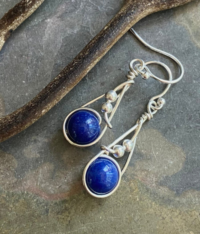 Fancy Swirl Lapis Lazuli Earrings in Sterling Silver, September Birthstone Earrings, Lapis Jewelry, Blue Lapis Dangling Earrings,