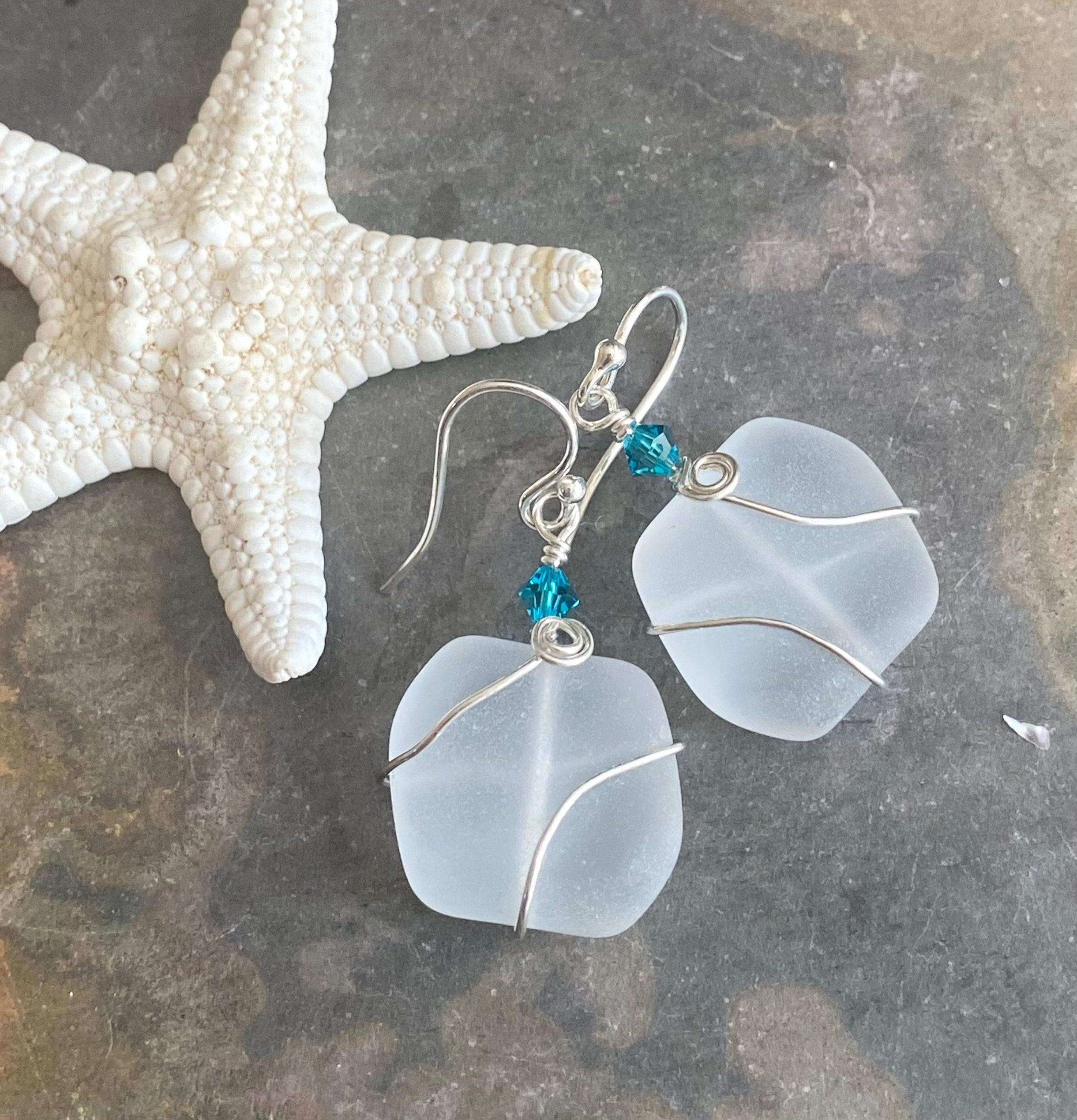White Semi transparent Sea Glass Silver Earrings-Recycled Glass Earrings in Sterling silver Earwires, Beach Weddings, Sea Glass  earrings