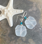 White Semi transparent Sea Glass Silver Earrings-Recycled Glass Earrings in Sterling silver Earwires, Beach Weddings, Sea Glass  earrings
