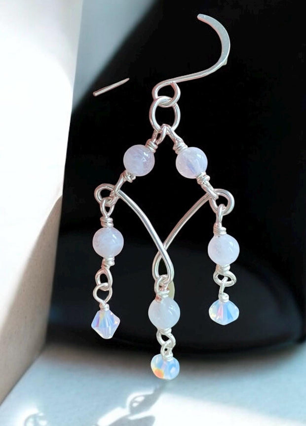 Moonstone Chandelier Earrings in Sterling Silver, Blue Flash Moonstone & Swarovski Crystal Dangles | Statement Bridal Earrings,