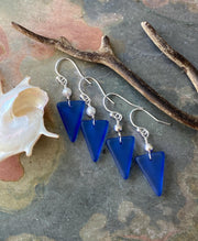 Blue Sea glass Triangle designed Earring in Sterling Silver, Wire Wrapped Sea Glass Earrings, Everyday Casual Dangling Blue Earrings,