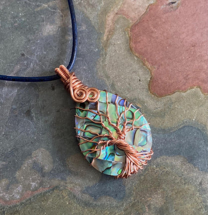 Frameless Abalone Necklace, Wire Wrapped Abalone Pendant,Abalone Tree of Life Necklace  Leather,Abalone Necklace Copper,Paua Shell Jewelry