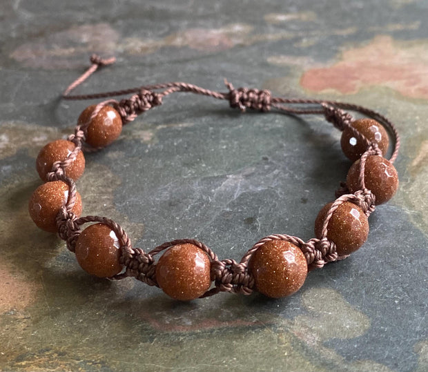 Macramé Goldstone Bracelet with Sliding Knot ,Bohemian Design Jewelry, Boho Style Stone Beaded Adjustable  Bracelet, Brown Bracelet,