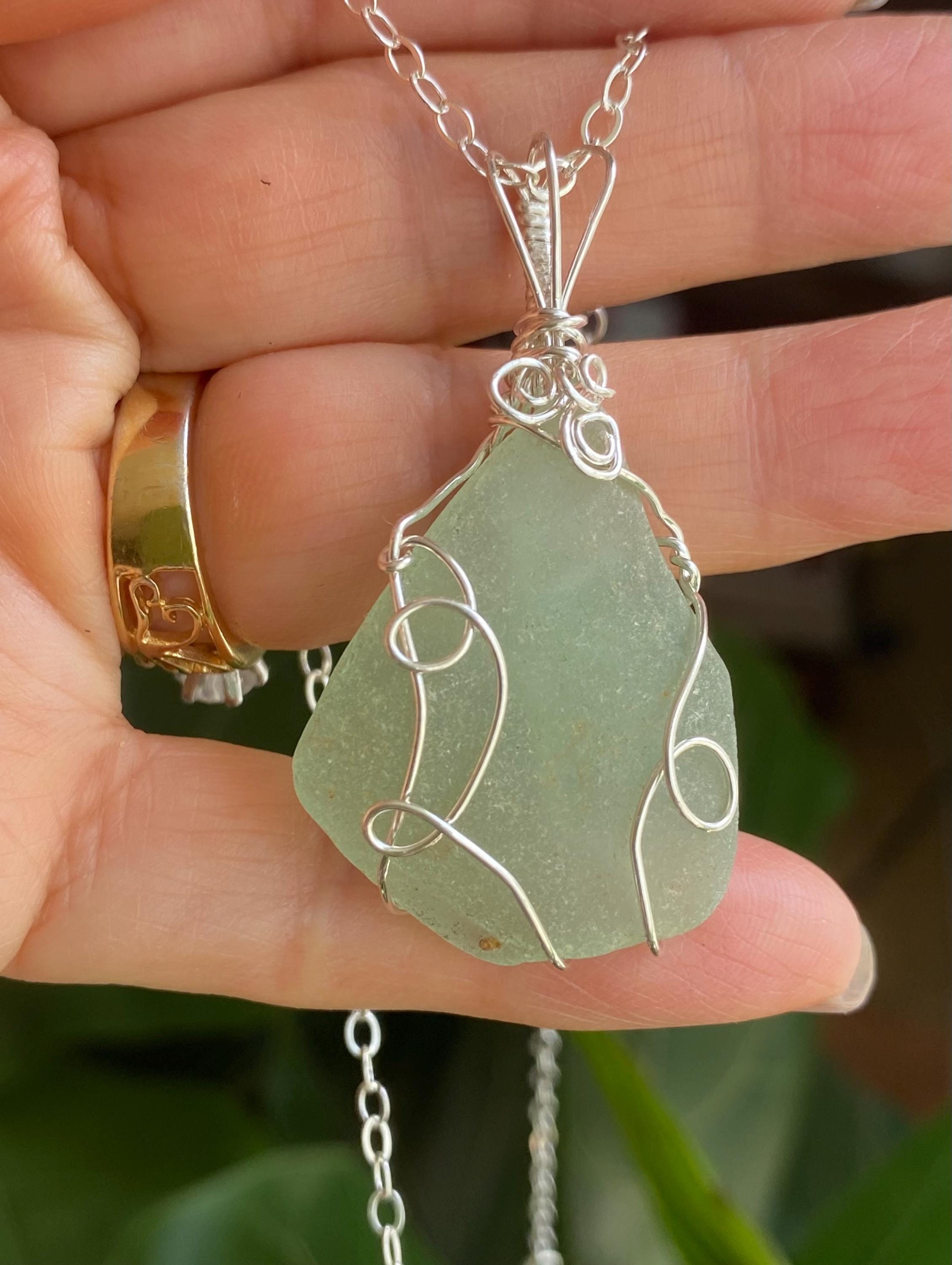 Natural Beach Glass Necklace, Seafoam Green  Beach Glass Necklace, Wired Sea Glass Jewelry, Gifts for Beach lover, Ocean inspired Pendant