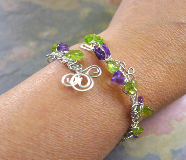 Wire Wrapped Peridot/Amethyst Bracelet, Adjustable Silver bracelet,Birthstone Bracelet,