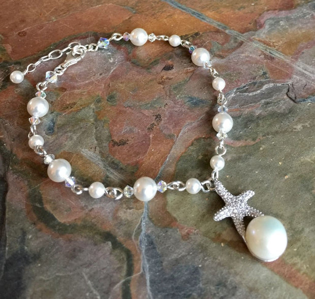 Starfish Charm Pearl Crystal Bracelet,Beach Starfish Necklace & Earrings, Starfish Ocean theme jewelry,Bridal Bracelet, Bridesmaid bracelet