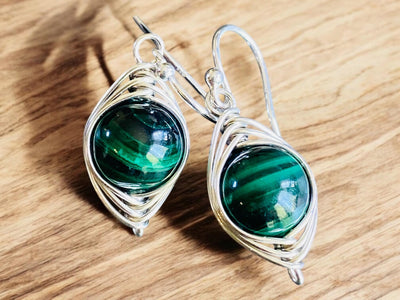 May Birthstone Malachite Earrings in Gold, Hand Wire Wrapped Malachite Dangling Earrings in Natural Copper, Green Malachite Gold Jewelry,