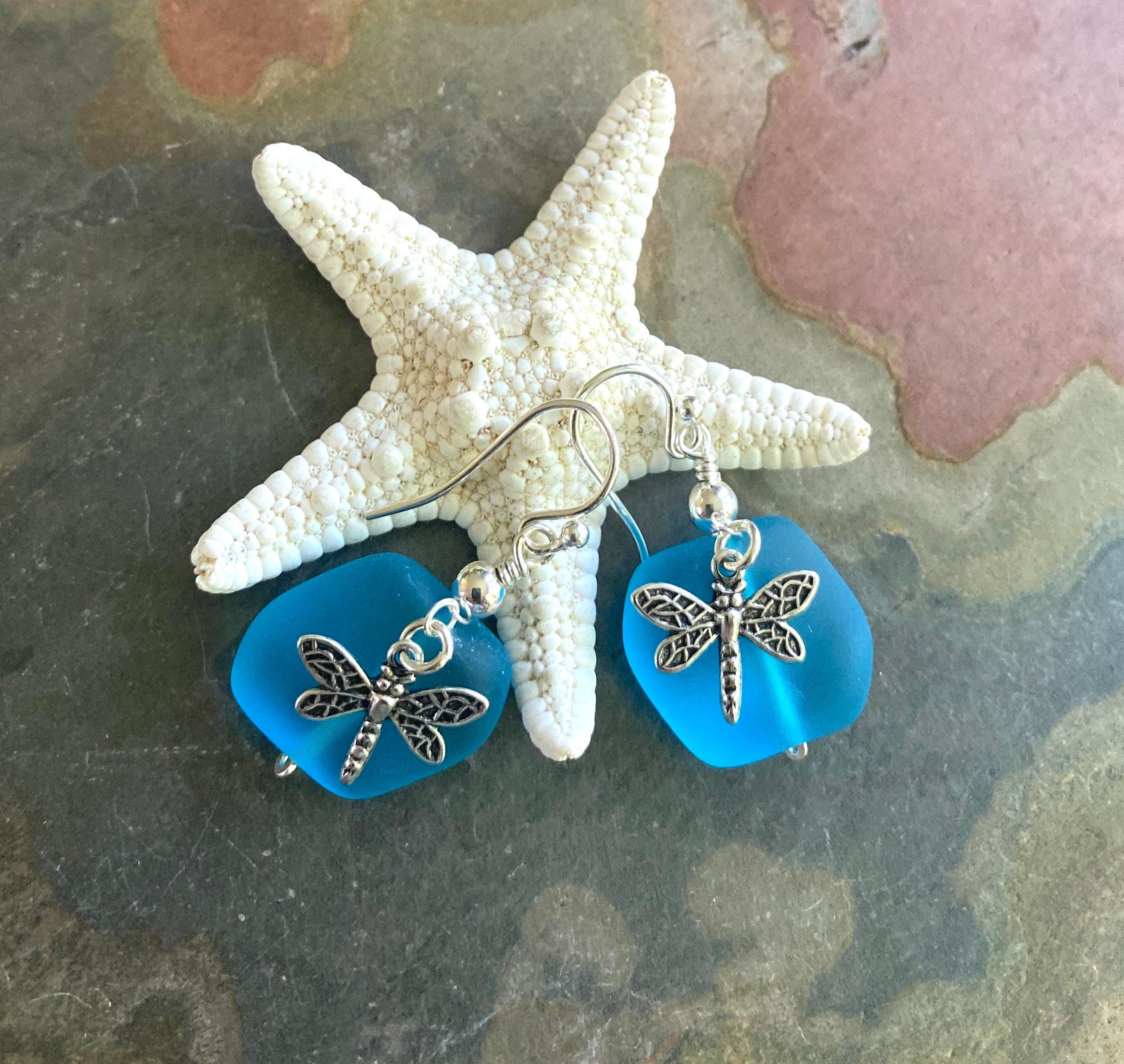 Sterling Silver Sea Glass Dragonfly Charm Earrings,Periwinkle SeaGlass Earrings, Beach Weddings,Blue earring, Green Sea glass Earrings,