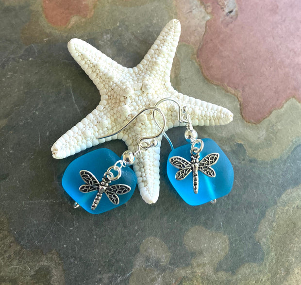 Sterling Silver Sea Glass Dragonfly Charm Earrings,Periwinkle SeaGlass Earrings, Beach Weddings,Blue earring, Green Sea glass Earrings,