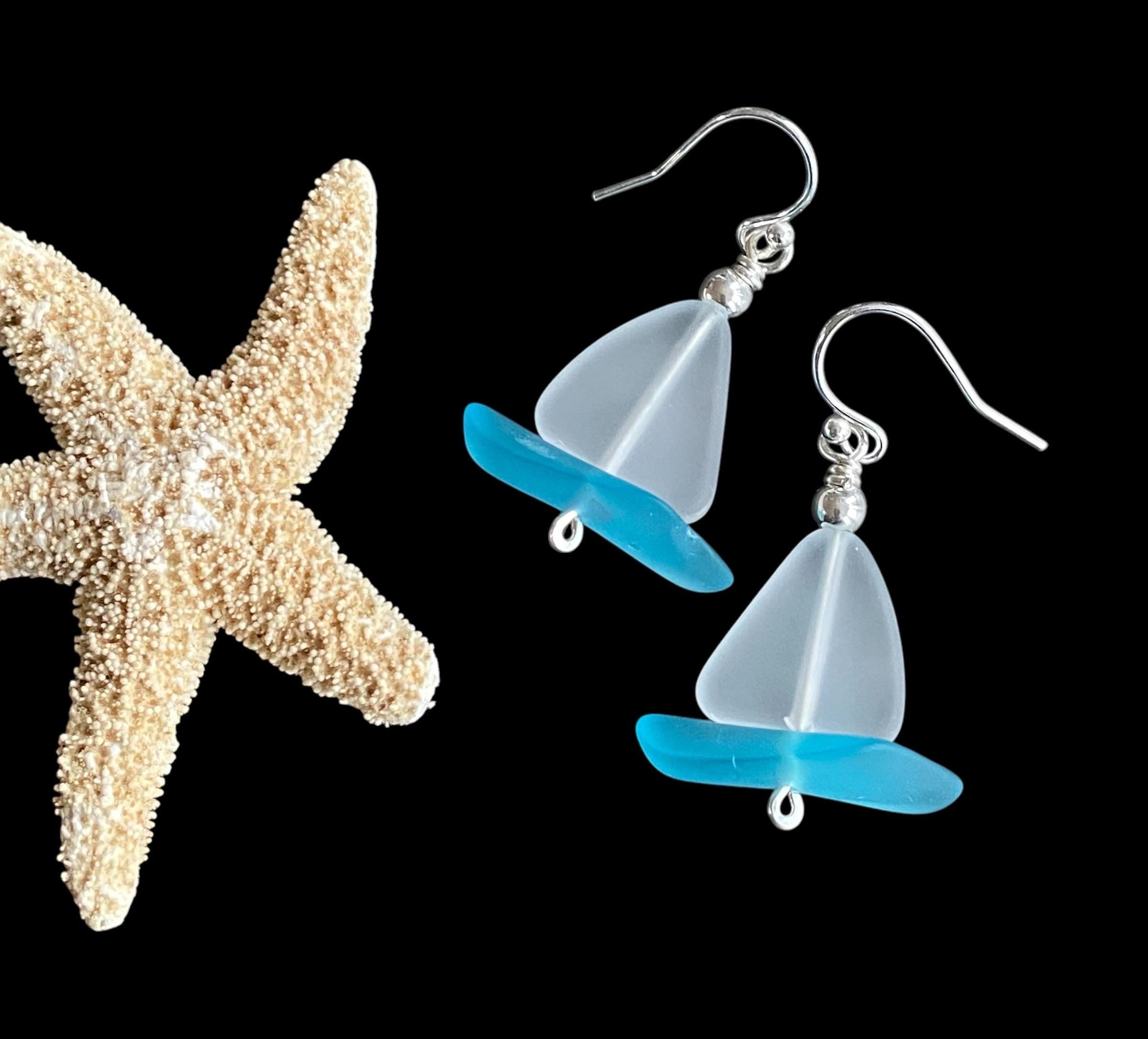 Nautical White Sea Glass Sailboat Necklace & Earring SET in Sterling Silver, Ocean-Inspired Beach Glass Sailboat Necklace and Earring SET,