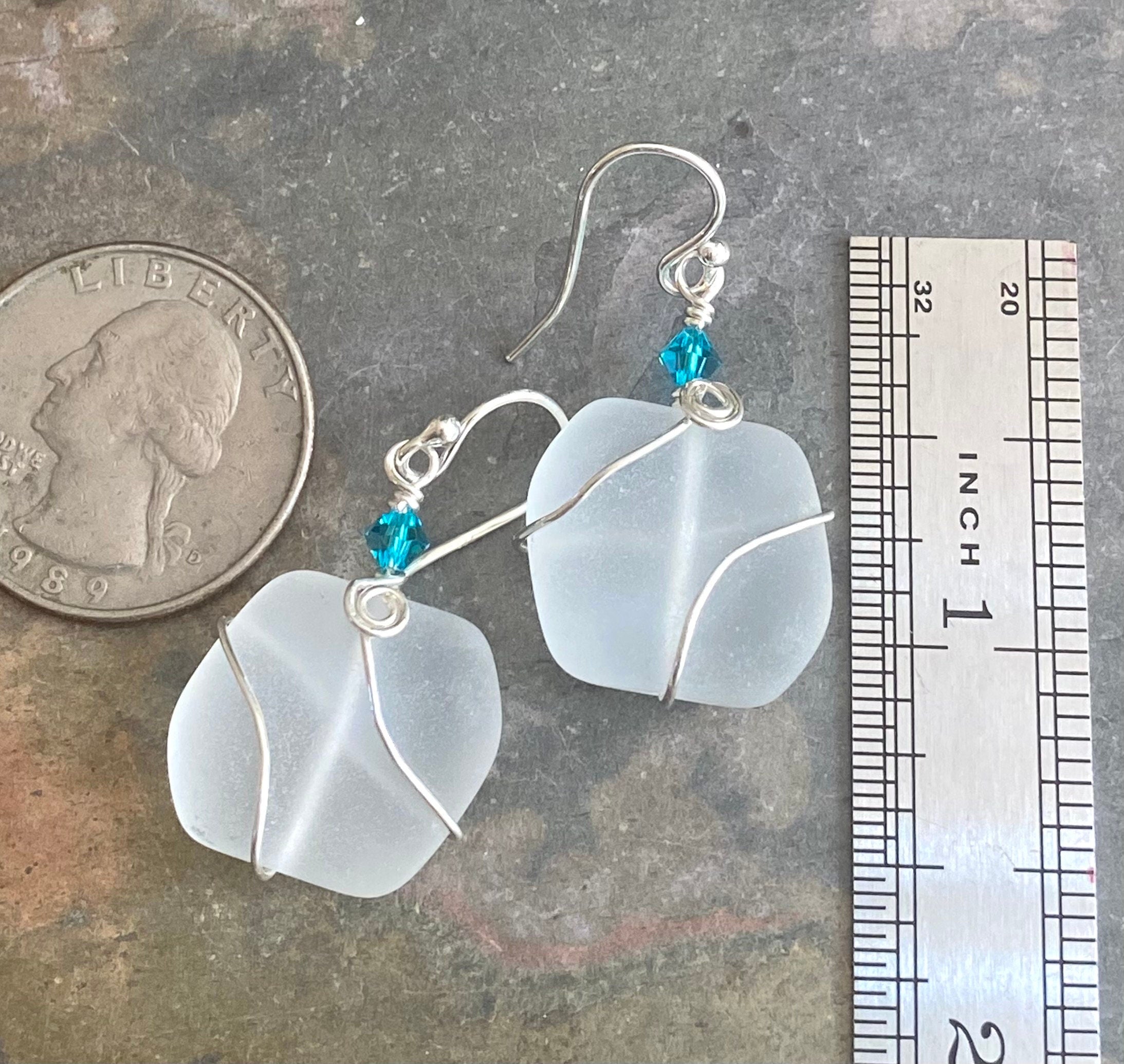 White Semi transparent Sea Glass Silver Earrings-Recycled Glass Earrings in Sterling silver Earwires, Beach Weddings, Sea Glass  earrings