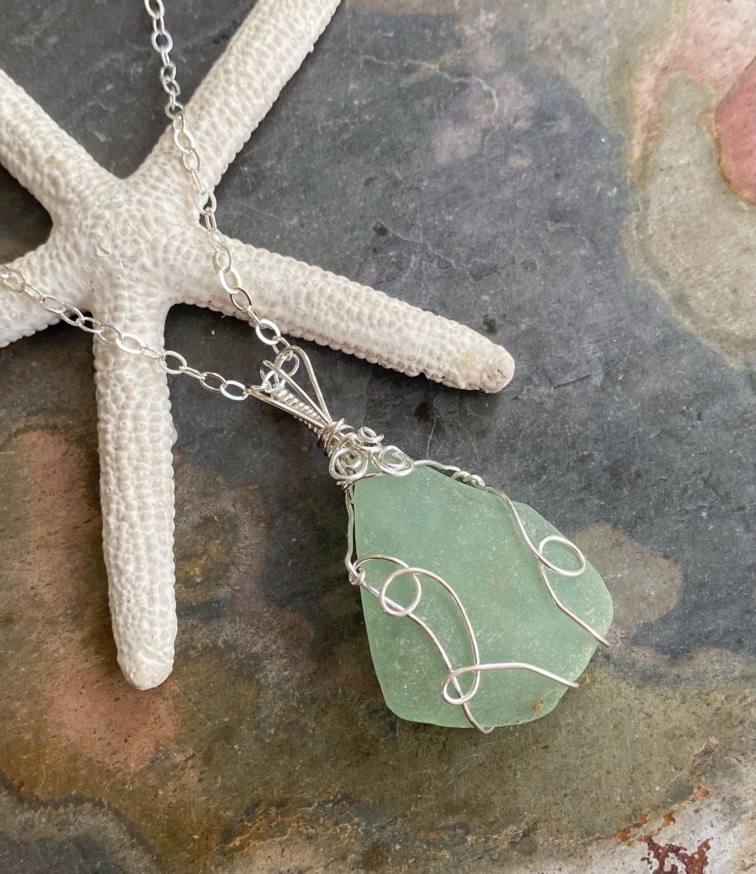 Natural Beach Glass Necklace, Seafoam Green  Beach Glass Necklace, Wired Sea Glass Jewelry, Gifts for Beach lover, Ocean inspired Pendant