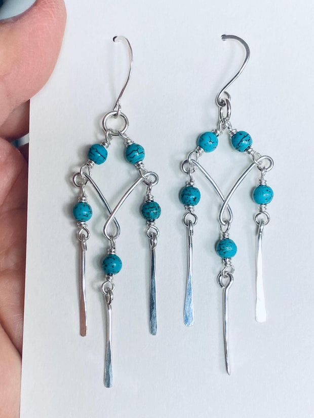 Turquoise Dangling Earrings in Sterling Silver, Chandelier Earrings with Howlite Turquoise, Turquoise Earrings, Statement Earrings,