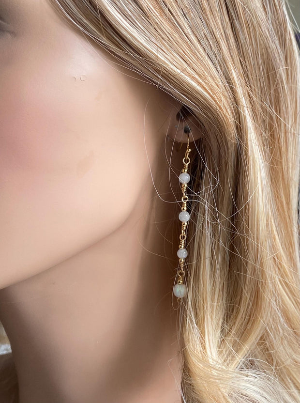 Moonstone Long Elegant Earrings in Gold, Wired Wrapped Opal Dangling Earrings, June Birthstone Earrings, October Birthstone Earrings