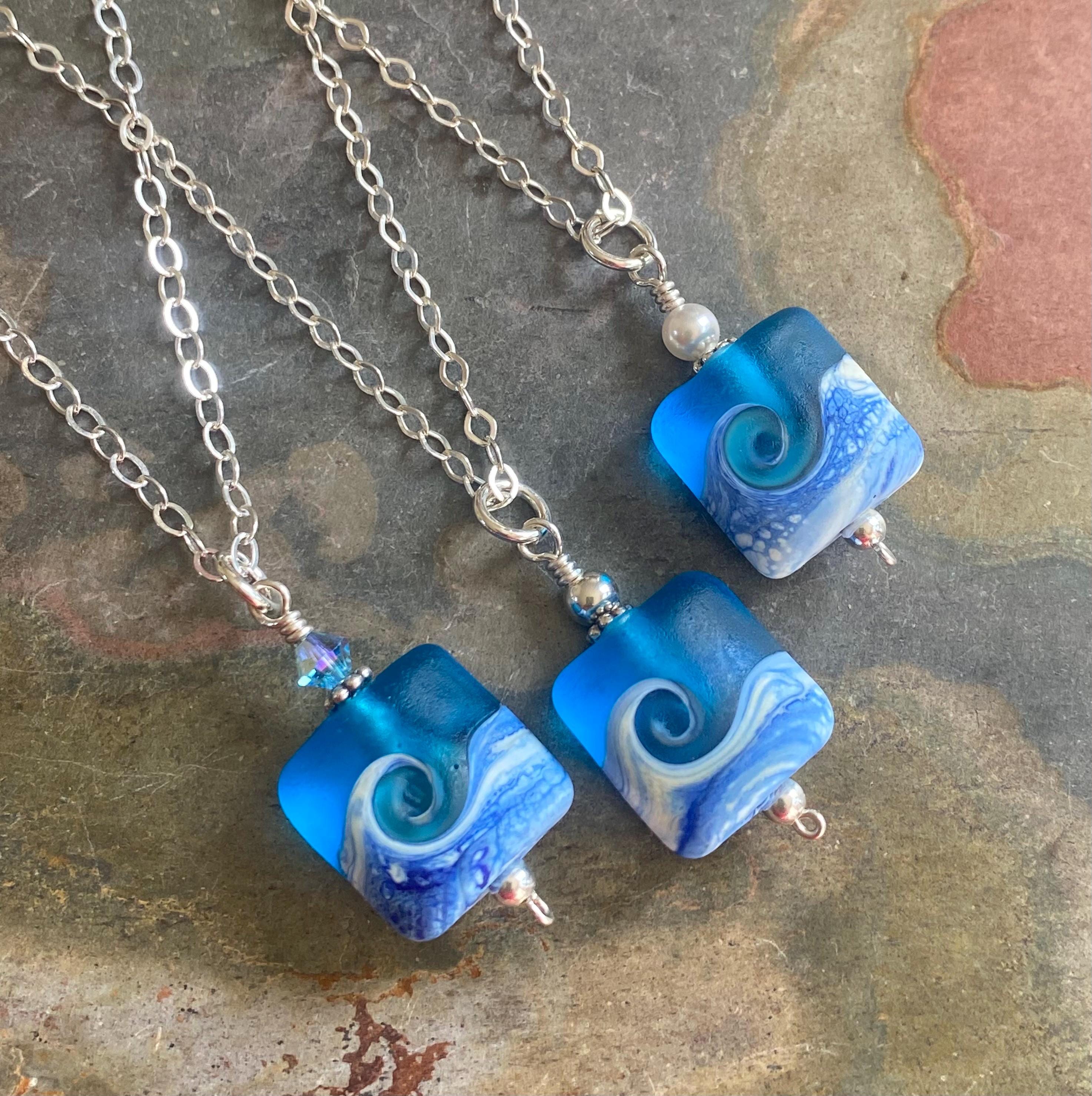 Ocean Beach Wave Necklace, Blue Beach Wave Necklace,Ocean Wave Lampwork Pendant, Beach Wave Jewelry, Blue Sea Glass Necklace sterling silver