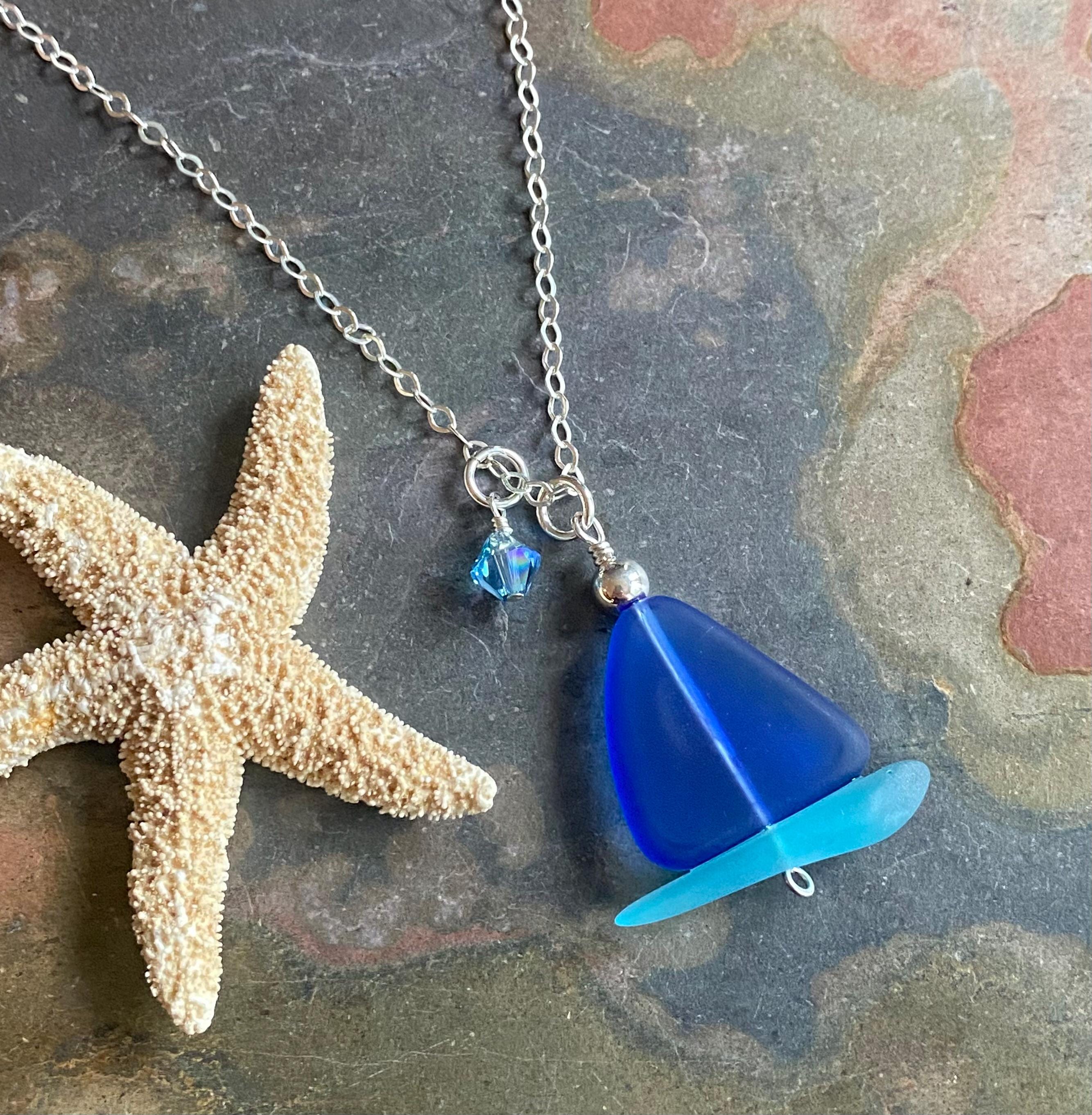 Handmade Sail Boat Blue Sea Glass Necklace in Sterling Silver, Blue Sea Glass Necklace, Beach-inspired blue sea glass Sail Boat Necklace