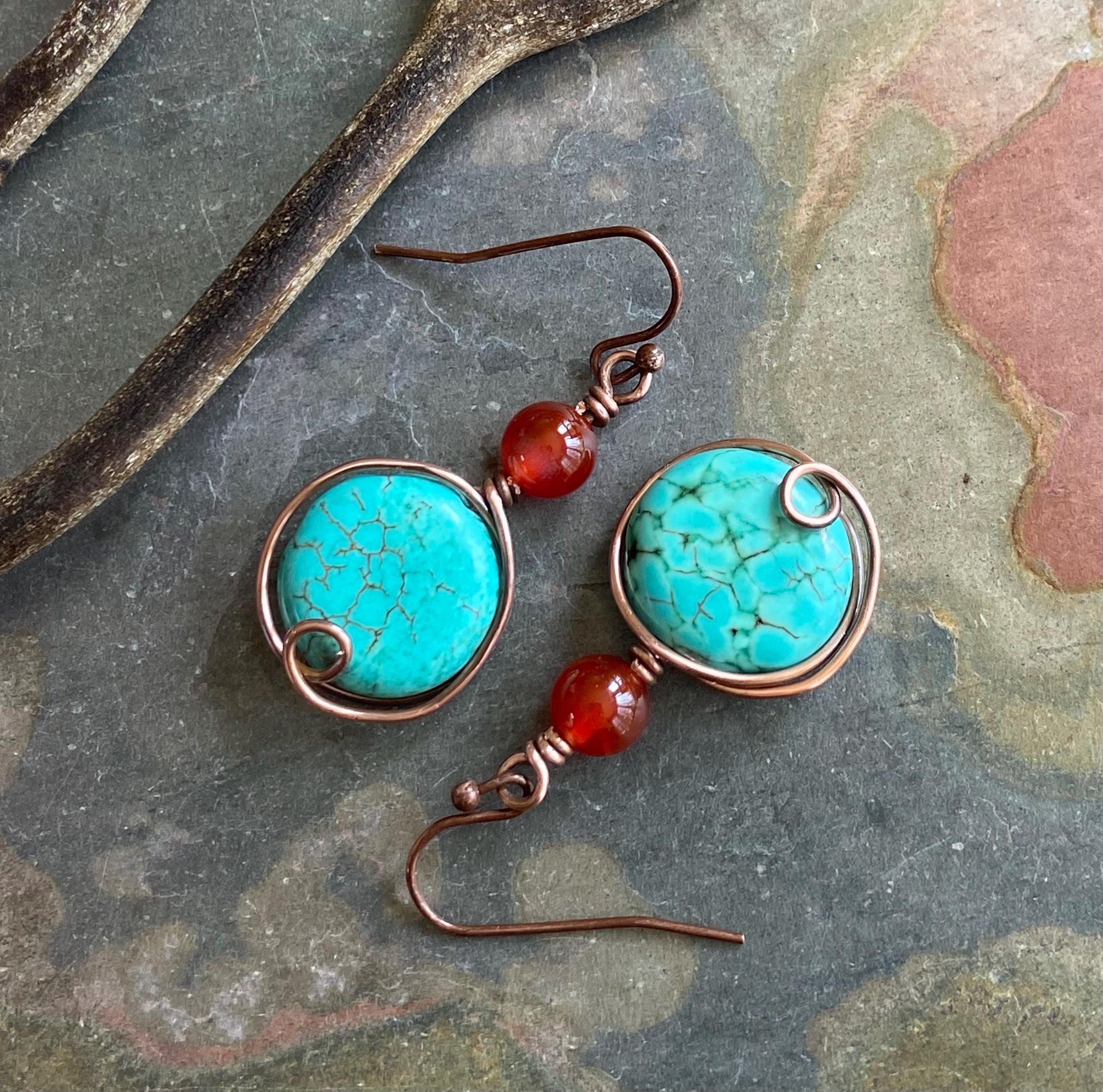 Turquoise Carnelian Earrings in Copper, Wire Wrapped Howlite Turquoise  Dangle Earrings,   Rustic Jewelry, Handmade Jewelry, Gifts for Women