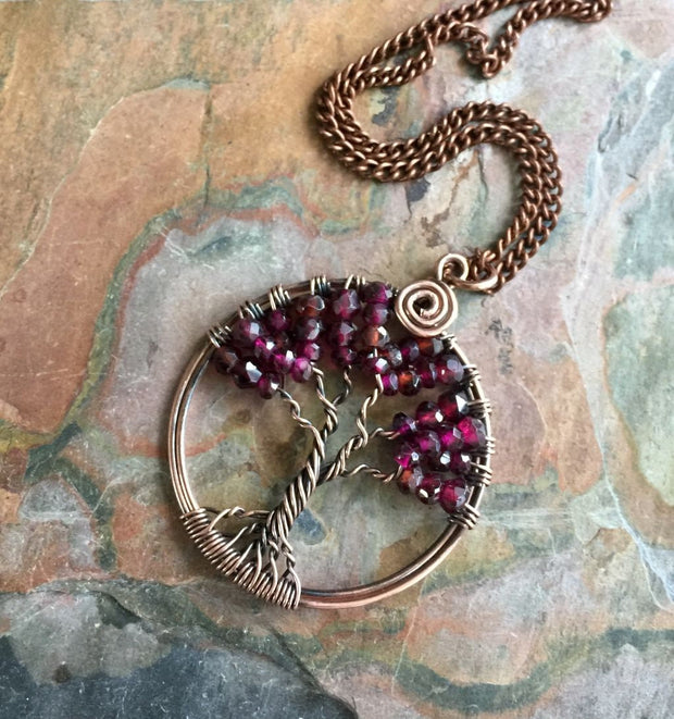 Garnet Necklace,Garnet tree of Life Necklace Antiqued Copper, Wire Wrapped   RHODOLITE GARNET Tree of Life, January Birthstone Tree of Life