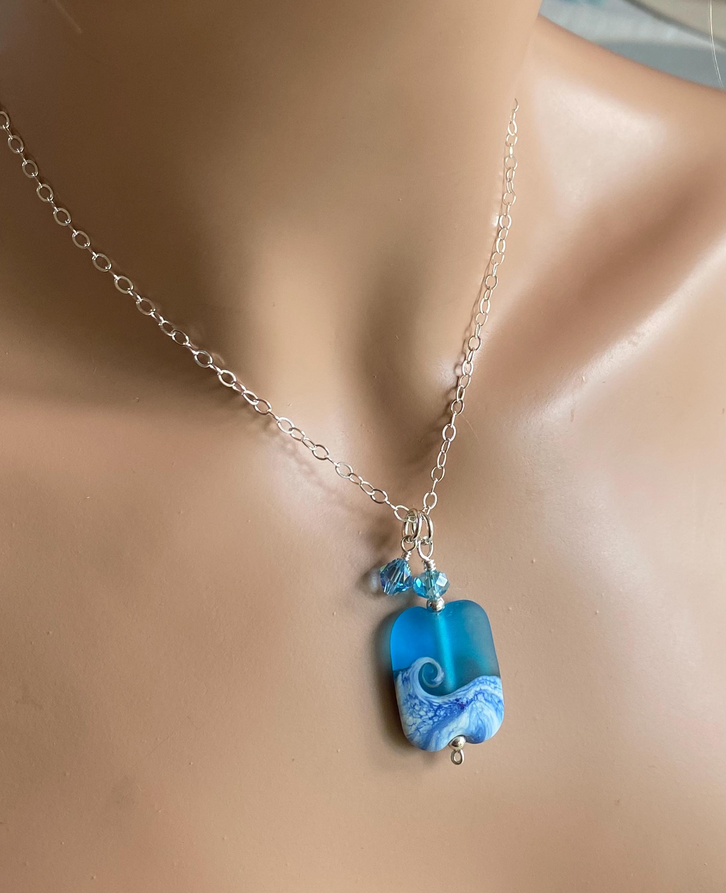 Ocean Beach Wave Necklace, Blue Beach Wave Necklace,Ocean Wave Lampwork Pendant, Beach Wave Jewelry, Blue Sea Glass Necklace sterling silver
