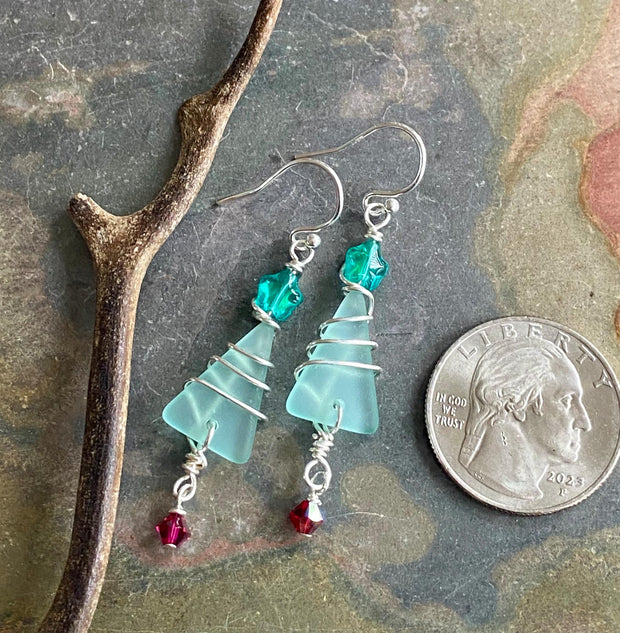 Christmas Tree Earrings, Sea Glass Tree Dangling Earrings, Holiday tree Earrings,