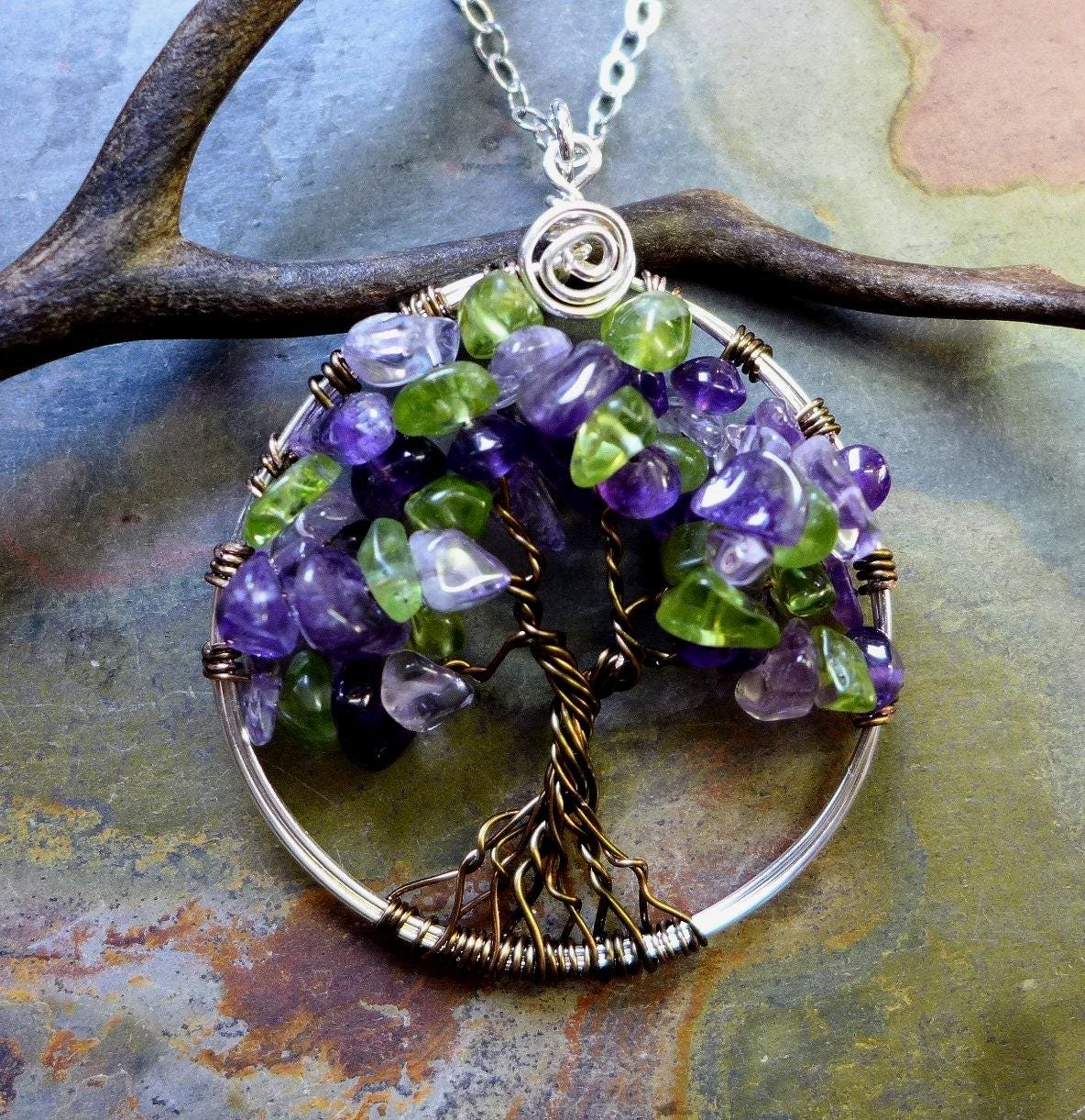 Mother's Day Gift, Ready Ship in ship in 1 to 2 days,Amethyst/Peridot Tree of Life, February/Peridot Family Birthstone Tree of life Pendant