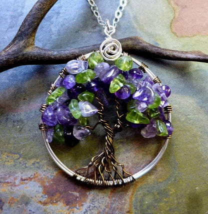 Mother's Day Gift, Ready Ship in ship in 1 to 2 days,Amethyst/Peridot Tree of Life, February/Peridot Family Birthstone Tree of life Pendant