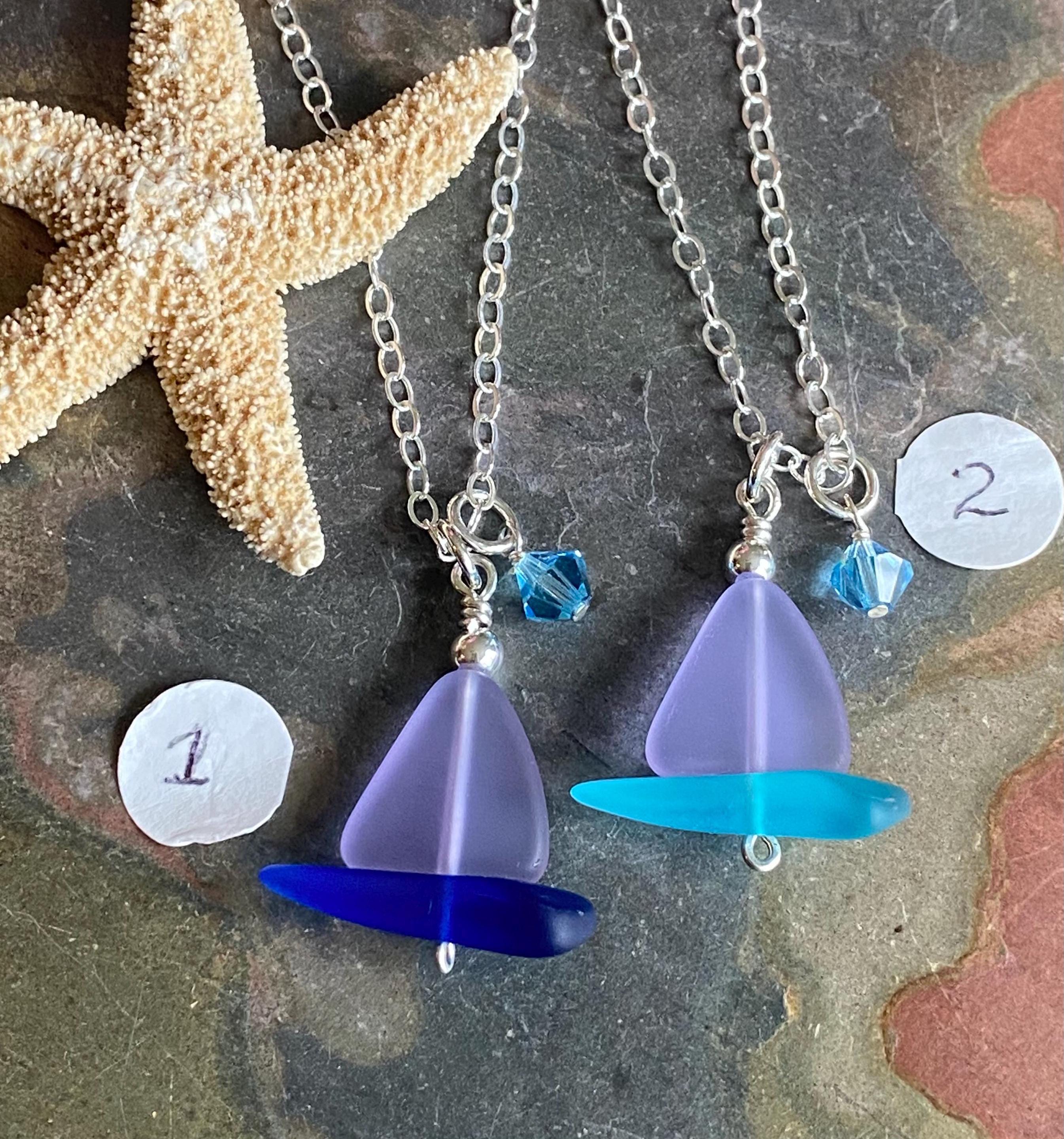 Sailboat Sea Glass Necklace, Periwinkle Sea Glass Pendant, Beach Wedding, Beach glass Necklace in Sterling Silver, Sea Glass Jewelry