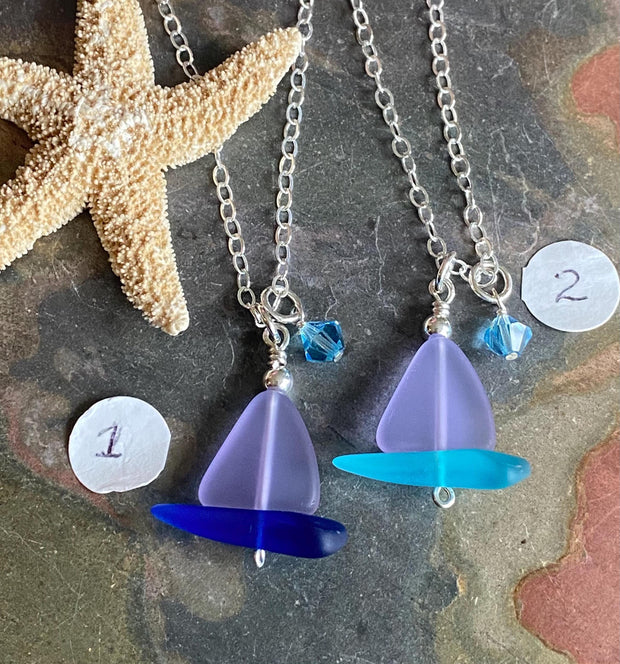 Sailboat Sea Glass Necklace, Periwinkle Sea Glass, Beach Wedding, Sea Glass Jewelry