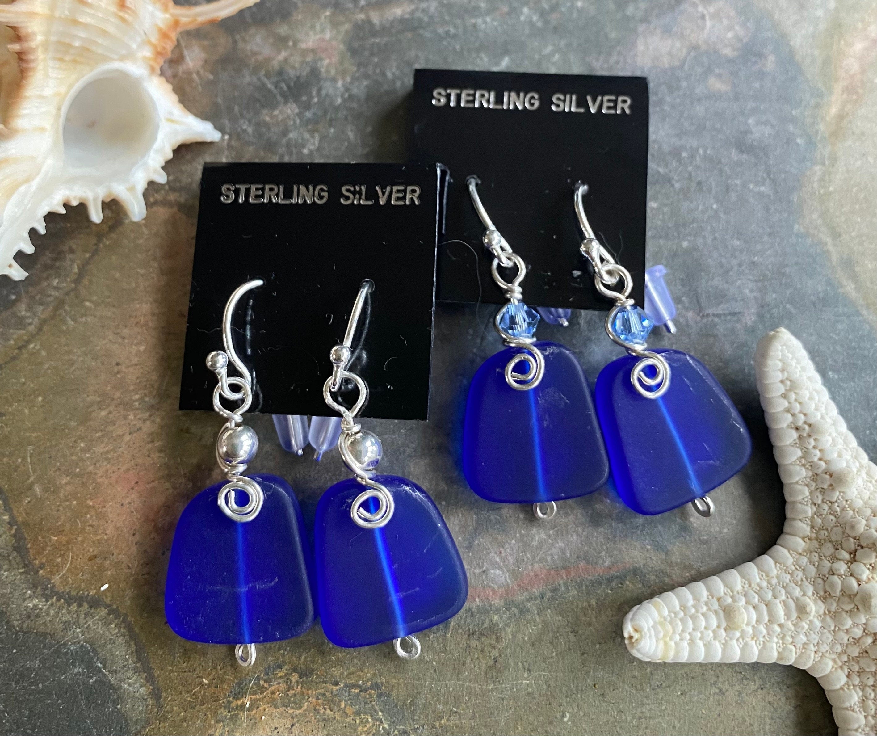 Cobalt Blue Beach Glass Earrings in STERLING SILVER, Blue Sea Glass Earrings,Beach Weddings, Beach Glass Jewelry, Cobalt Sea glass Earrings,