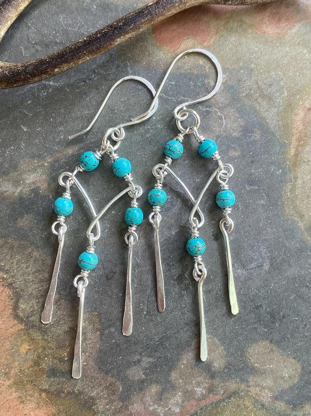 Turquoise Dangling Earrings in Sterling Silver, Chandelier Earrings with Howlite Turquoise, Turquoise Earrings, Statement Earrings,