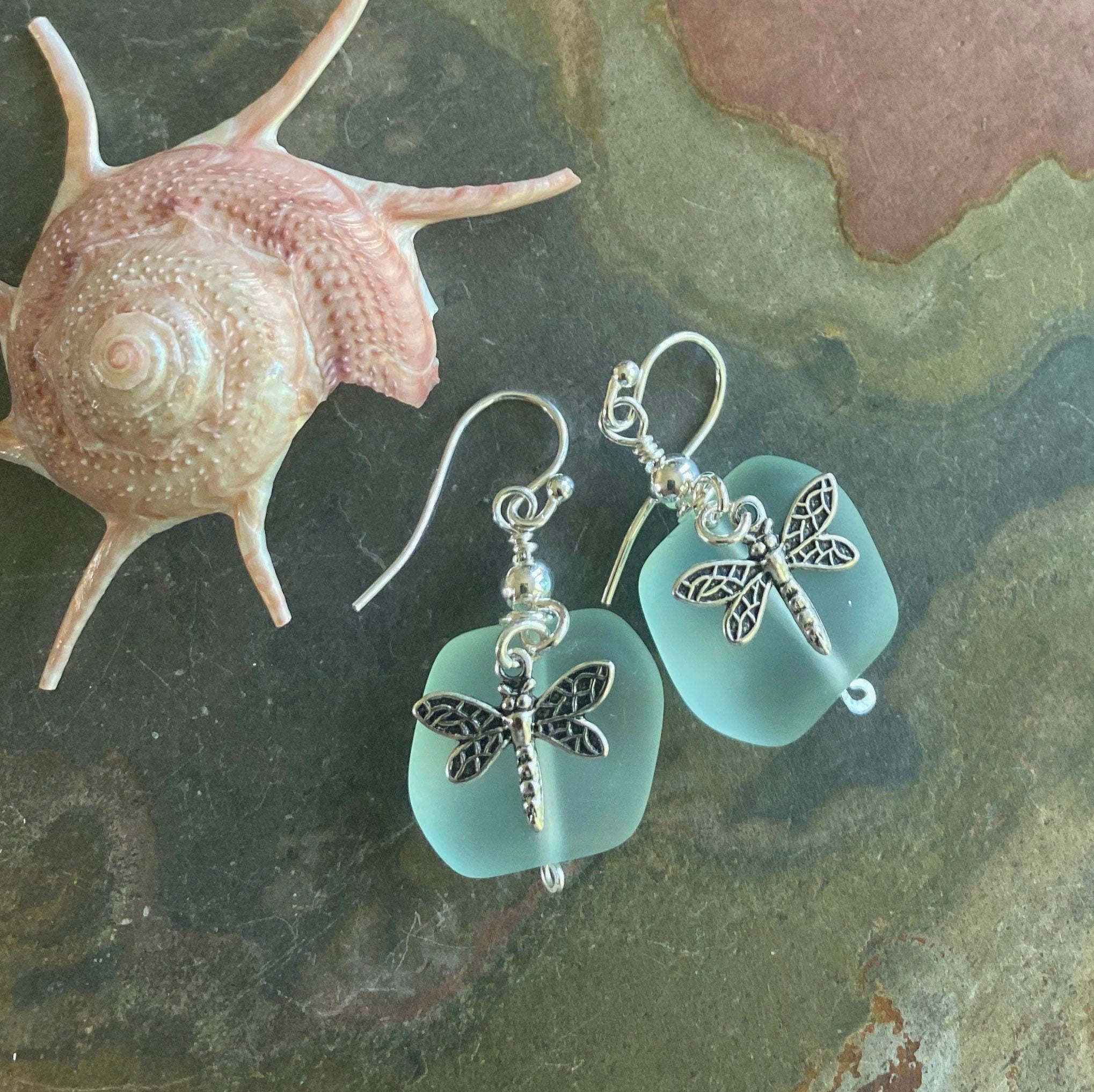 Sterling Silver Sea Glass Dragonfly Charm Earrings,Periwinkle SeaGlass Earrings, Beach Weddings,Blue earring, Green Sea glass Earrings,