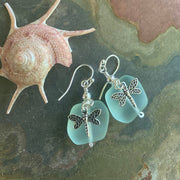 Sterling Silver Sea Glass Dragonfly Charm Earrings,Periwinkle SeaGlass Earrings, Beach Weddings,Blue earring, Green Sea glass Earrings,