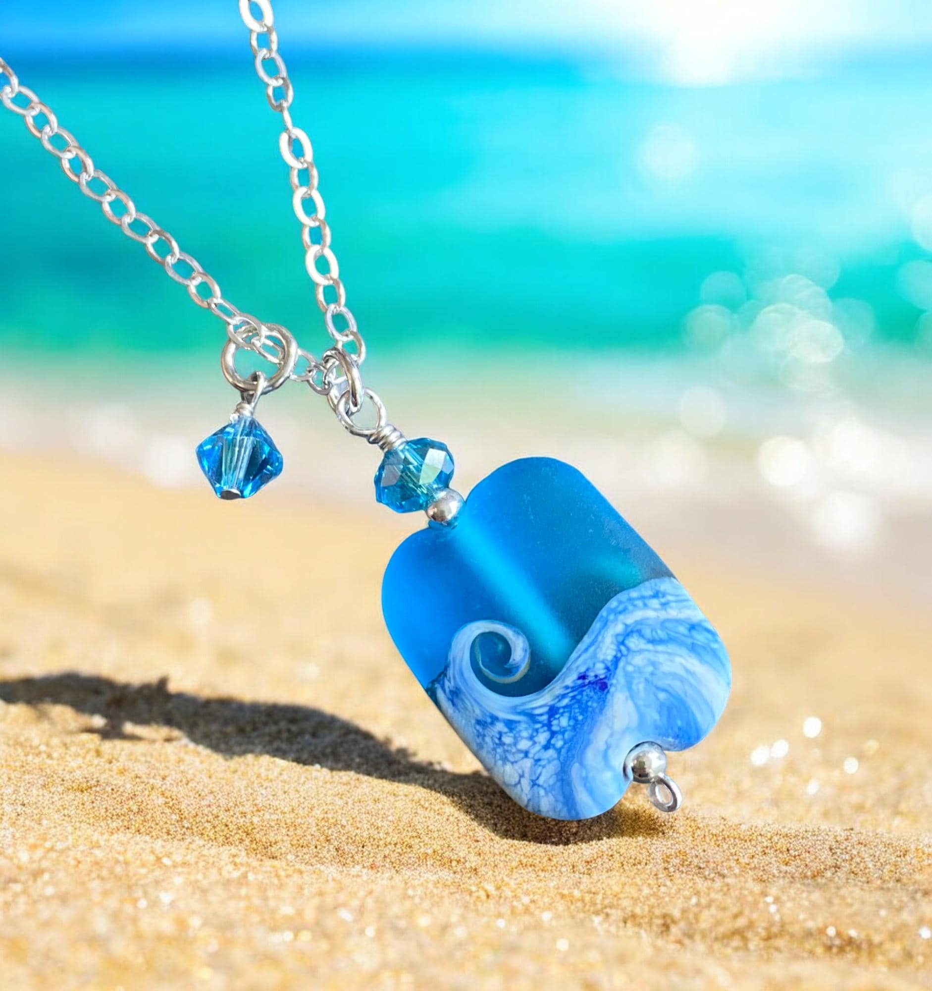 Sterling Silver Ocean Wave Necklace, Lampwork Glass Ocean Wave Necklace, Blue Beach Wave Necklace, Beach Wave Jewelry , Nautical Jewelry