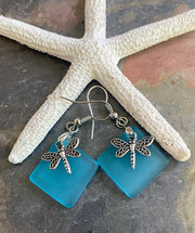 Dragonfly Sea Glass Earrings,Sea Beach Glass Dragonfly Earrings, Turquoise Blue Sea Glass Earrings, Dragonfly Earrings, Fantasy Earrings
