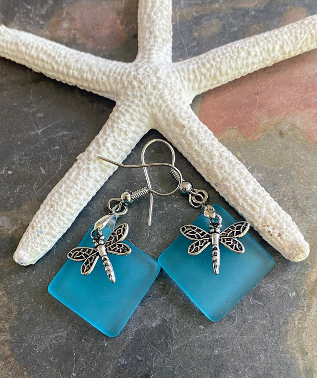 Dragonfly Sea Glass Earrings,Sea Beach Glass Dragonfly Earrings, Turquoise Blue Sea Glass Earrings, Dragonfly Earrings, Fantasy Earrings