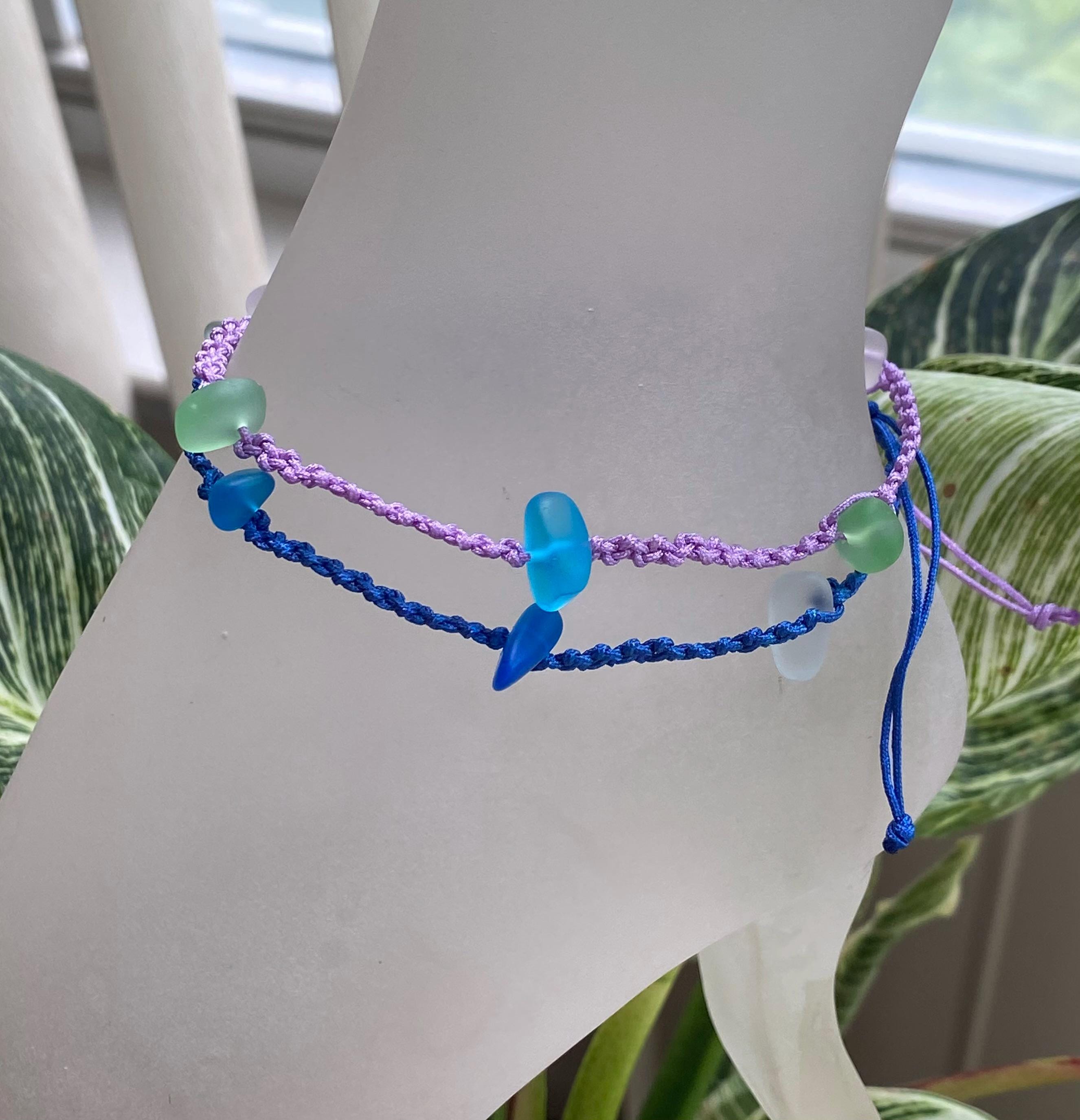 Adjustable Sea Glass Macrame Anklets, Sea Glass Ankle Bracelet, Blue Green Ankle Bracelet, Nautical Sea Glass Bracelet, Sea Glass Jewelry