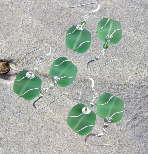 Green Beach Glass Earrings in Sterling Silver Earwires, May Birthstone Sea Glass Earrings, Green sea glass dangle earrings, Beach Earrings