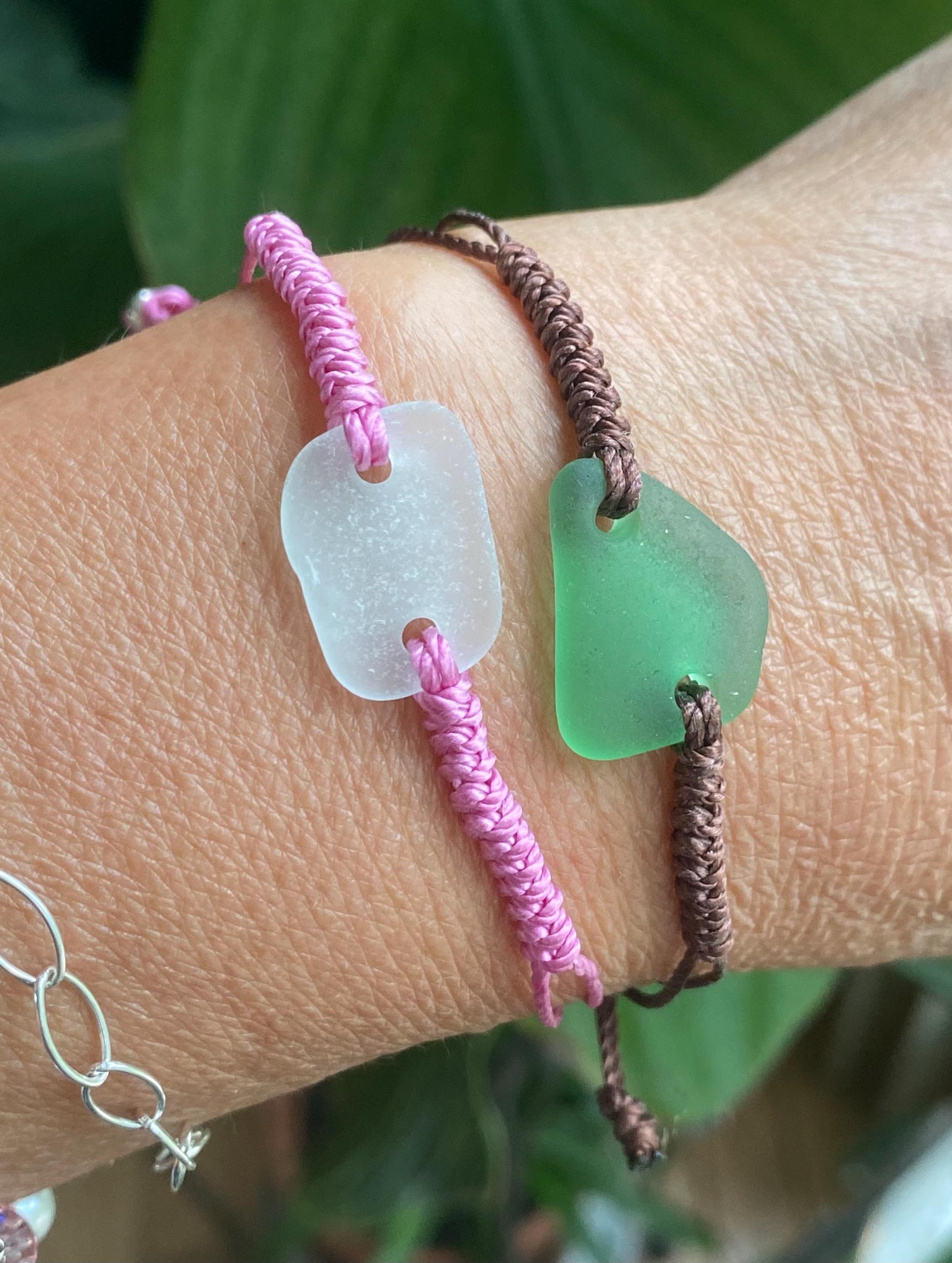 Handmade Macrame Sea Glass Bracelet, Hunter Green Sea Glass Bracelet, Adjustable Sea Glass Macrame Bracelets, Surfer's Sea Glass Bracelet