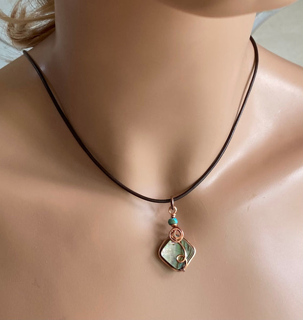Abalone Necklace, Wire Wrapped Abalone Pendant in Copper, Abalone Jewelry, Rainbow Abalone Necklace, Necklace for Women, Summer Necklace