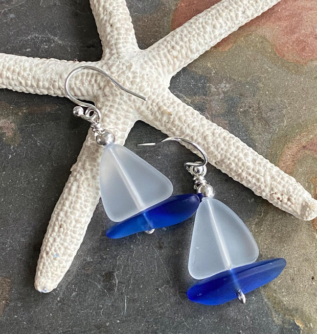 Sailboat Sea Glass Earrings in Sterling Silver, Beach glass Earrings, Ocean-Inspired Crystal White Sea Glass Sailboat Earrings