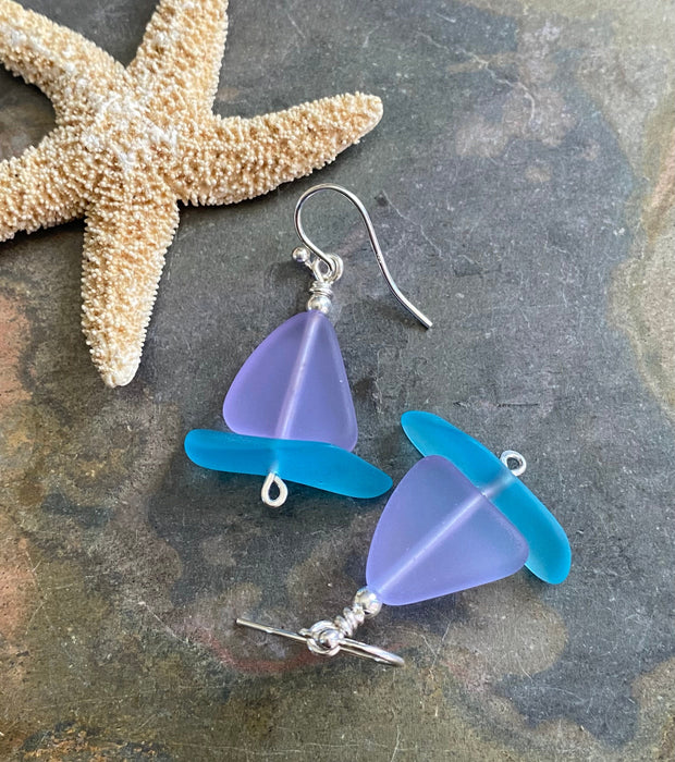 Sailboat Sea Glass Earrings, Periwinkle Sea Glass Earrings Sea Glass Earrings, Beach Wedding, Beach glass Dangle earrings, Sea Glass Jewelry