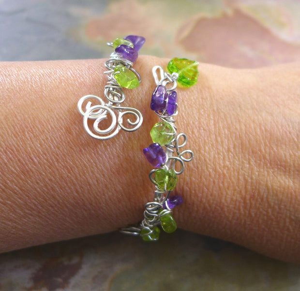 Wire Wrapped Peridot/Amethyst Bracelet, Adjustable Silver bracelet,Birthstone Bracelet,