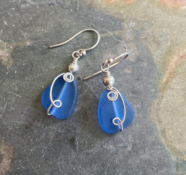Sea Glass Earrings, Wire Wrapped Light Blue Sea Glass Earrings in STERLING SILVER, Beach Glass Jewelry, Sea glass Dangling Earrings,