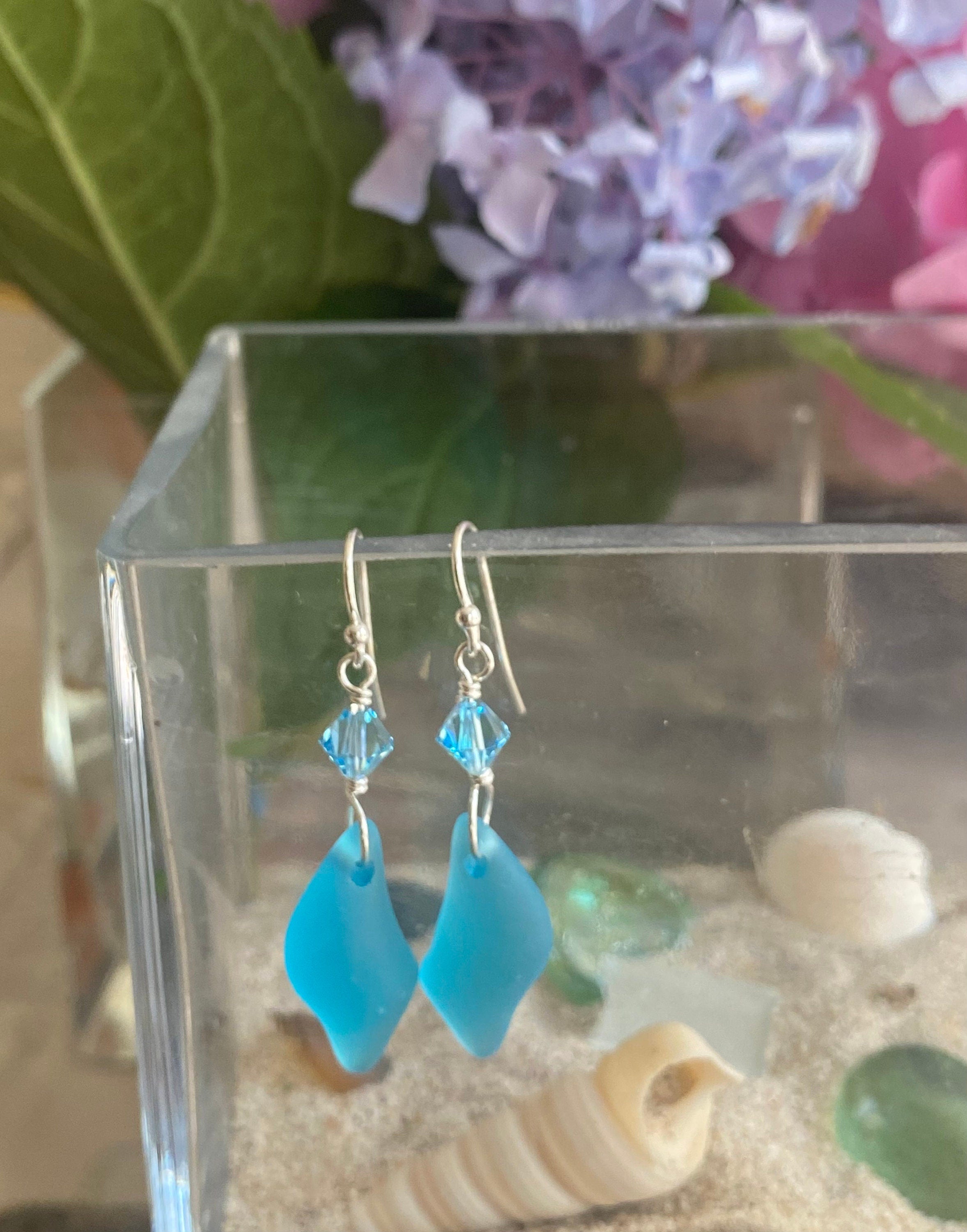 Wire wrapped Sea Glass Jewelry in Sterling Silver, Sea Glass Silver Earrings, Dangling Earrings ,Beach Weddings, Sea Glass  earrings