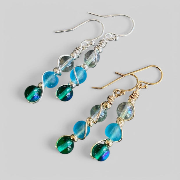 Wire wrapped Sea Glass Jewelry in Sterling Silver, Sea Glass Silver Earrings, Dangling Earrings ,Beach Weddings, Sea Glass  earrings