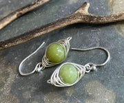 Peridot Earrings in Silver, Weaved Peridot Dangle Earrings, August Birthstone Earrings, Green Peridot Earrings in Herringbone Style