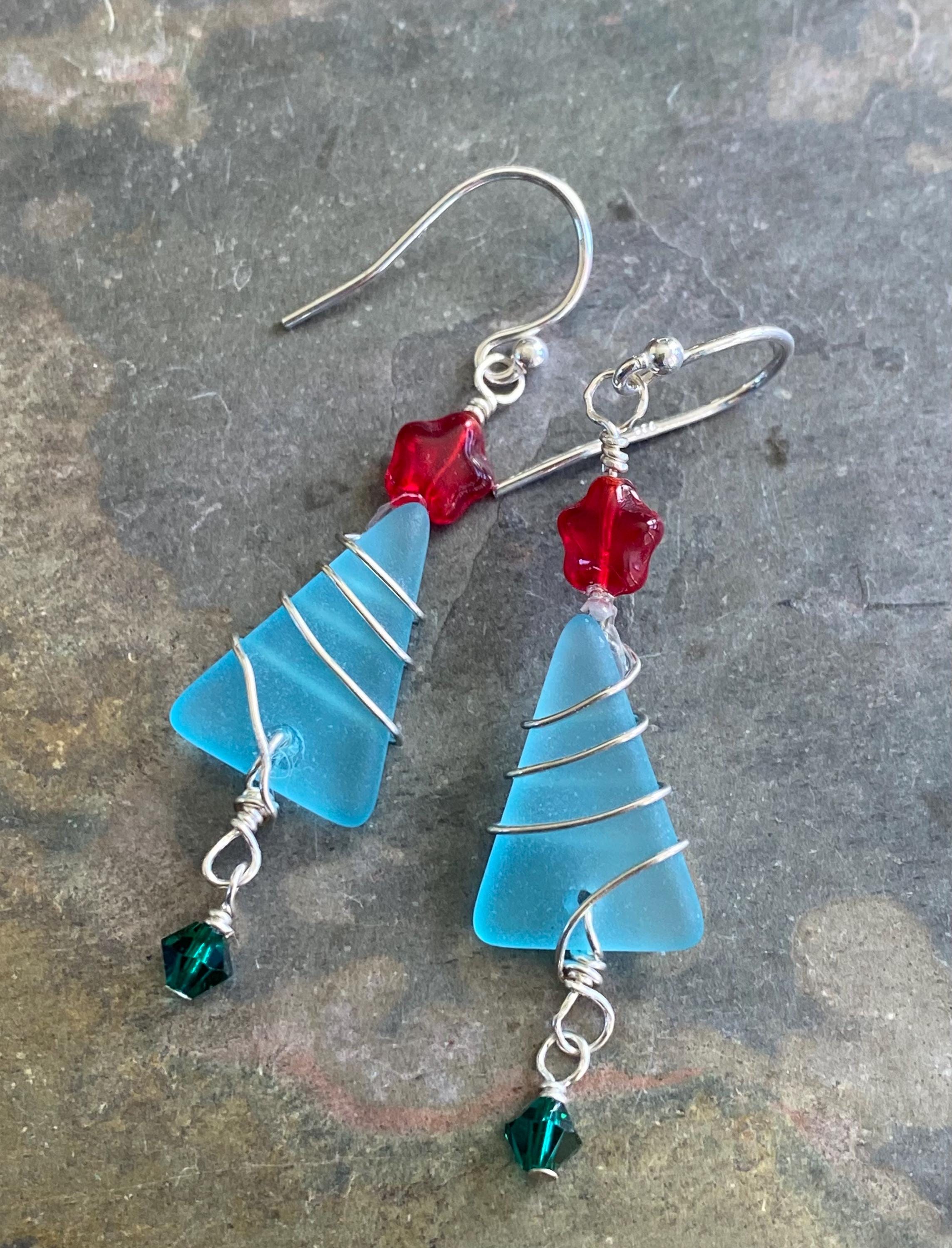 Christmas Tree Earrings, Ready Ship in ONE day, Sea Glass dangling Earrings, Beach Glass Christmas Tree Earrings, Holiday Gifts for Her,