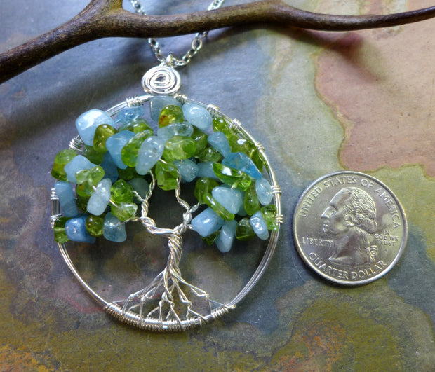 Sterling Silver Tree of Life Pendant Aquamarine/Peridot Gemstone Tree of Life Pendant